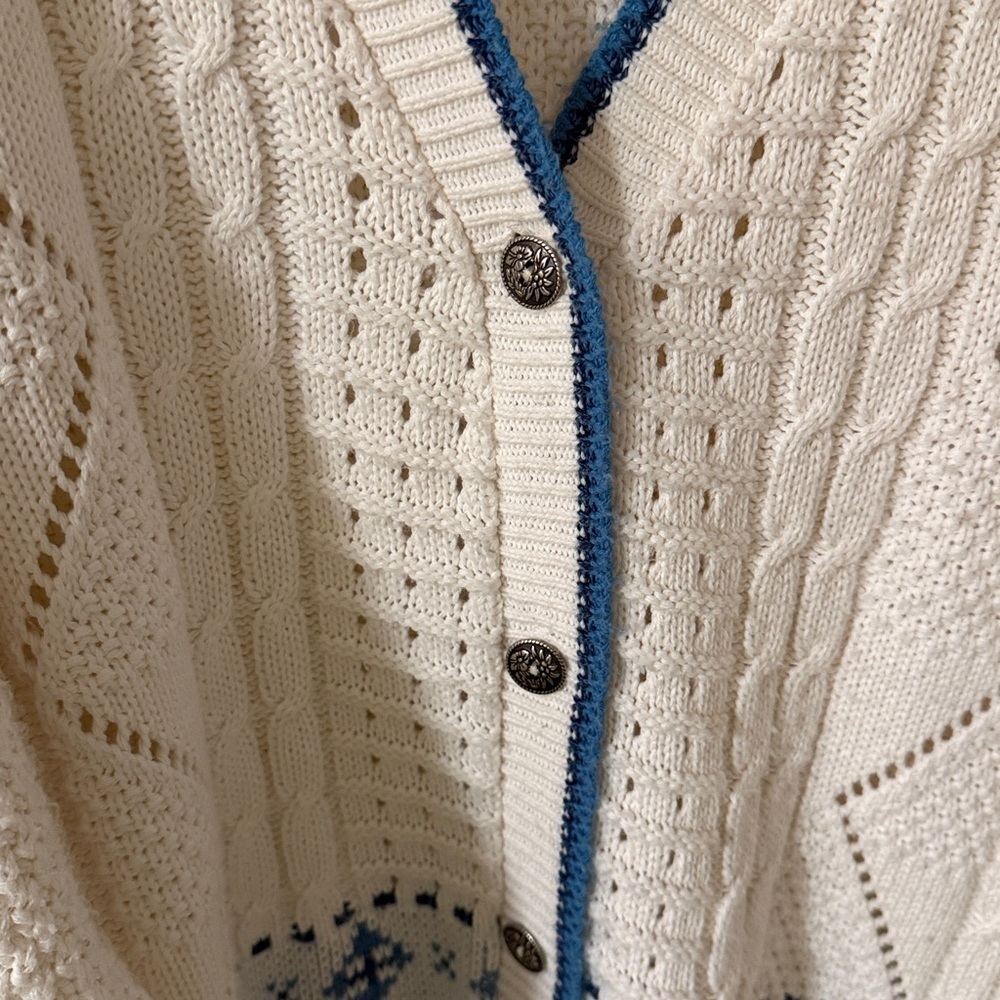 Vintage Cricket Lane V-Neck Cable Floral Rose Cardigan Cream/Blue Size Medium - Picture 7 of 8